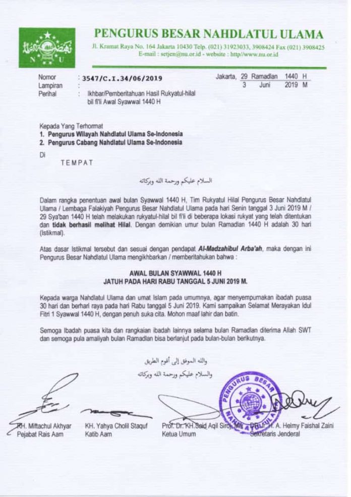 Pbnu Pastikan Idul Fitri Jatuh Pada 5 Juni 2019 Wartabromo